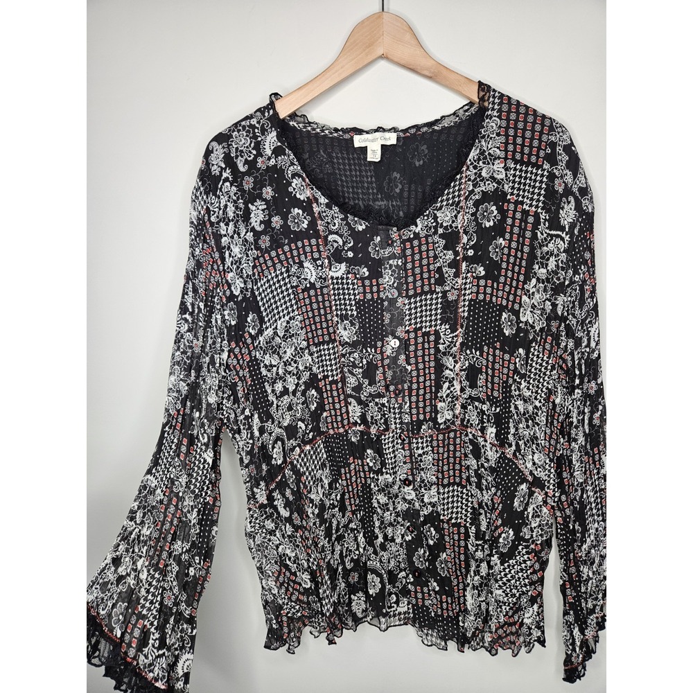 Coldwater Creek Blouse Fairy Grunge 1X Patchwork Ruffle Button Black Lace Goth